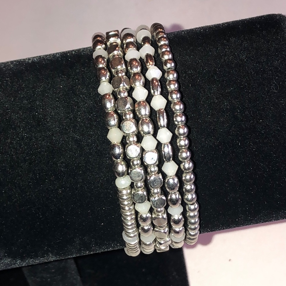 Silver Tone and White Beaded Boho Wrap Bracelet